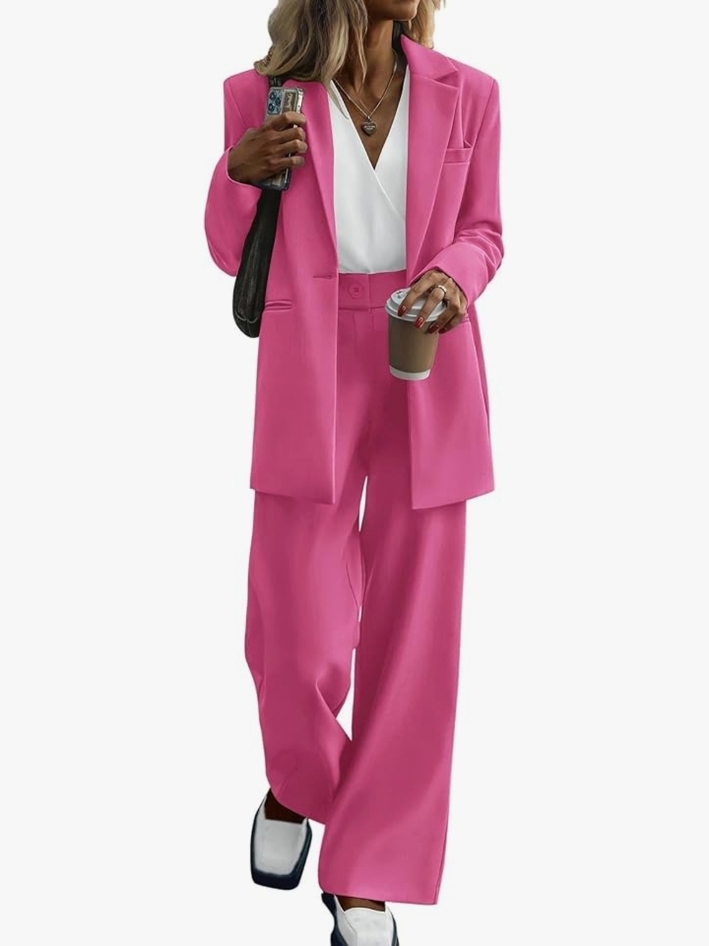 Women's Wide-Leg Blazer Set in Hot Pink w/ Bonus Metallic Shell